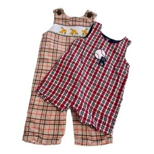 Carter's Red Plaid Romper & Stellybelly Long Smocked Romper, Size 12 Months.